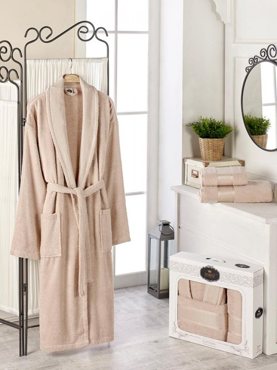 Набор халат махровый DO&amp;CO шалька с полотенцами 50х90 и 70х140 песочный — Мартекс