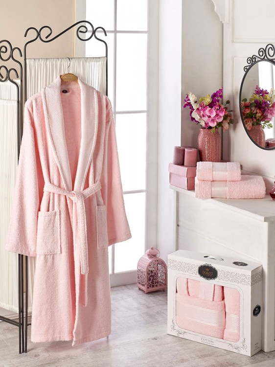 Набор халат махровый DO&amp;CO шалька с полотенцами 50х90 и 70х140 пудра — Мартекс