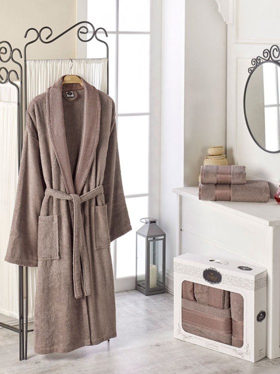 Набор халат махровый DO&amp;CO шалька с полотенцами 50х90 и 70х140 темно-бежевый (54 разм.)  — Мартекс