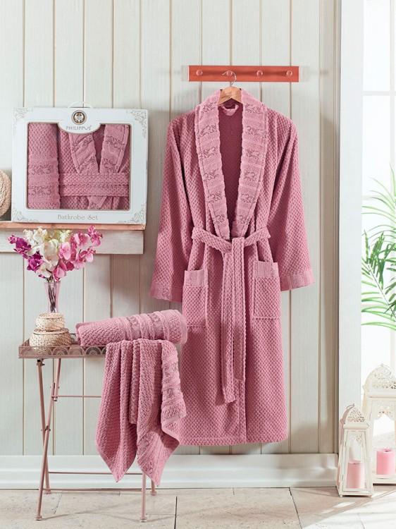 Набор халат махровый PHILIPPUS шалька ZENIT брусничный (3 предмета) — Мартекс