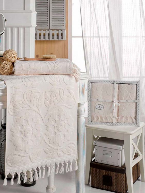 Набор полотенец DO&amp;CO жаккард с бахромой  AMAZON (2 шт.) кремовый — Мартекс